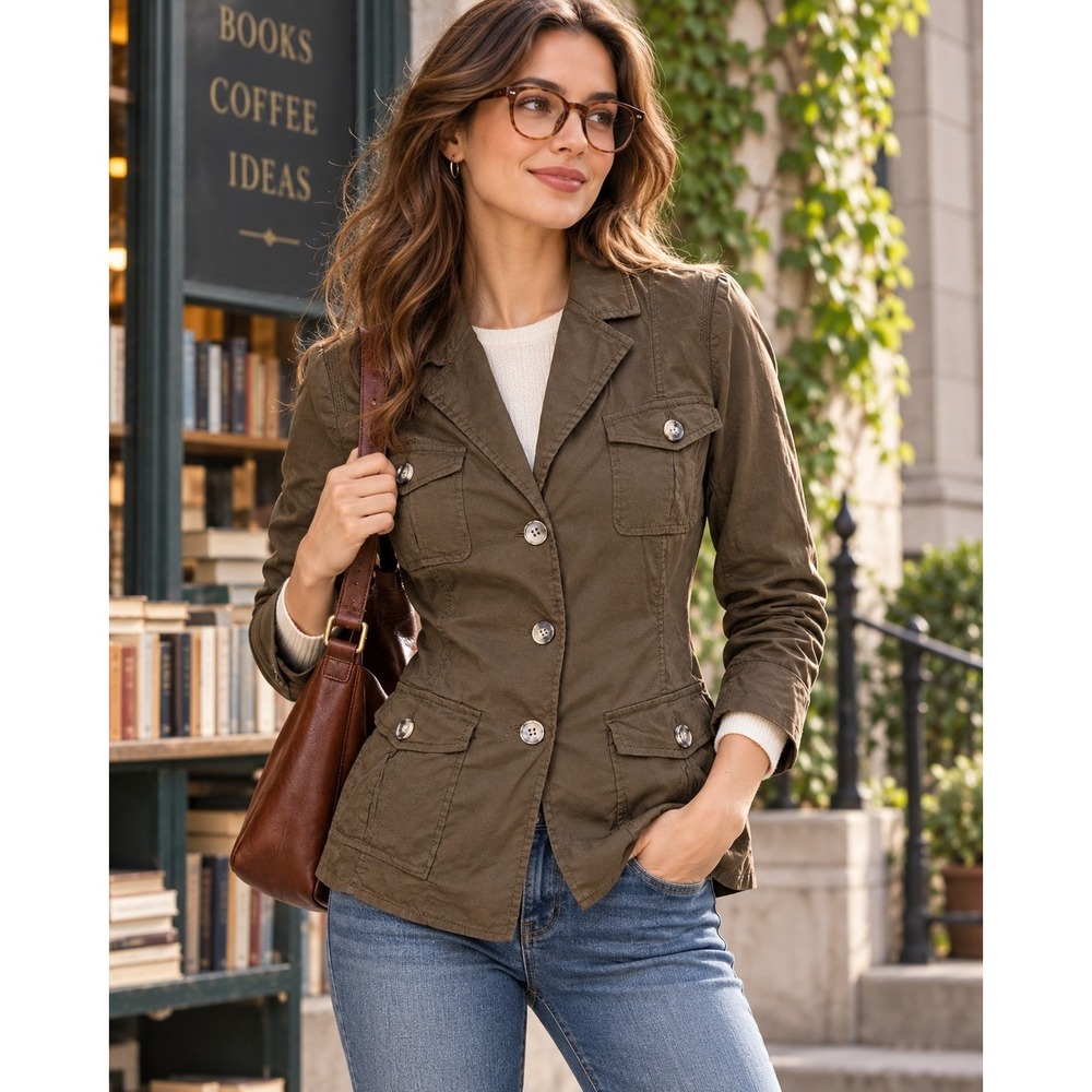Theory Women 10 Olive Brown Linen Blend Utility Safari Blazer Jacket Martingale